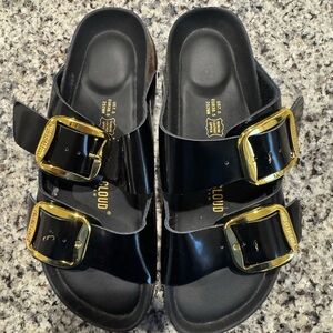 New/Never Worn Shiny Black Sandals with Gold Buckles